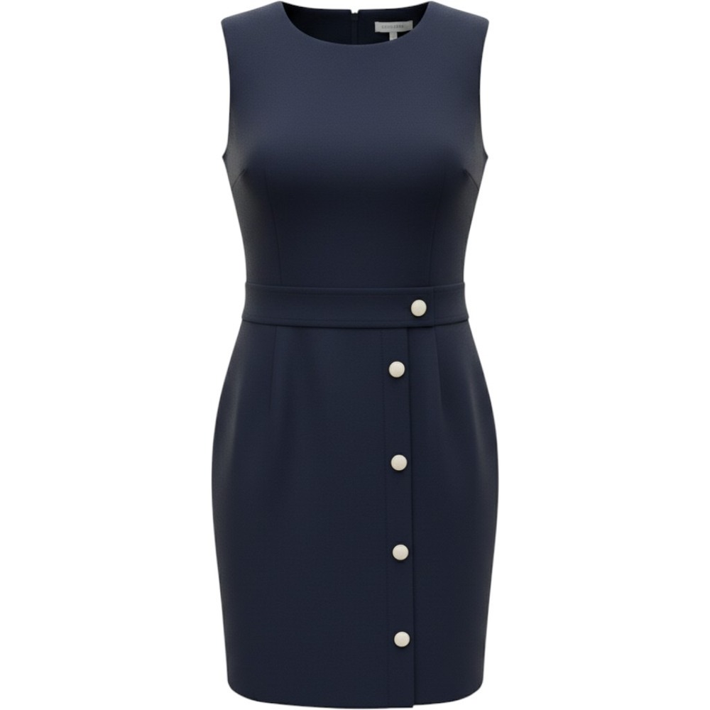 Donna Morgan Sheath Dress Women 8 Navy Blue Faux Pearl Button Sleeveless Career